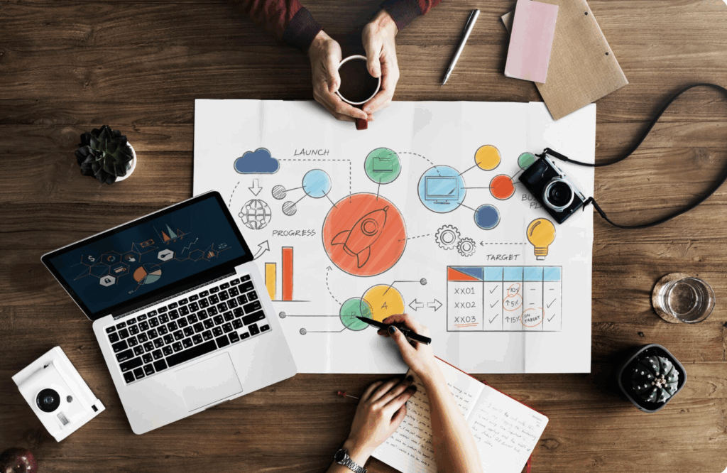 Top view of the table with a growth plan for a business